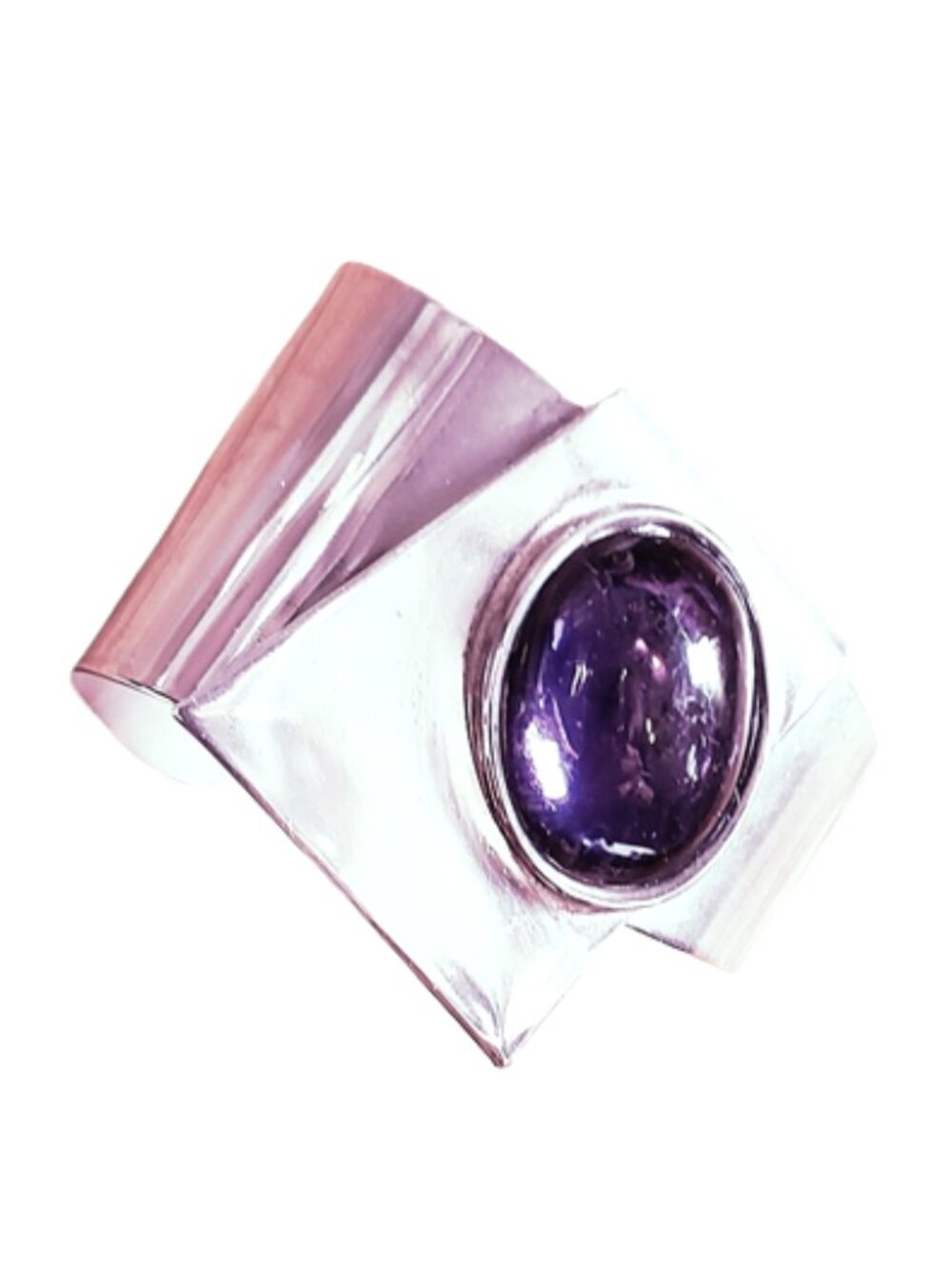 1990s Vintage Large Geometric Chrome Cuff Bracelet With A Purple Glass Stone - Picture 5 of 9